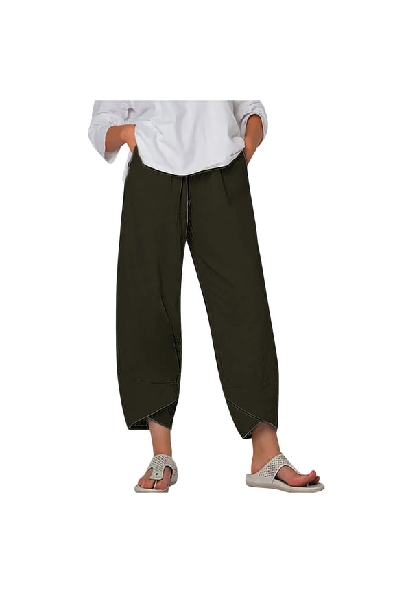 Womens Linen Crop Pants with Pockets Elastic Waisted Casual Summer Beach Lounge Plus Size Pants Cross Hem Trousers (M, Army Green 01)