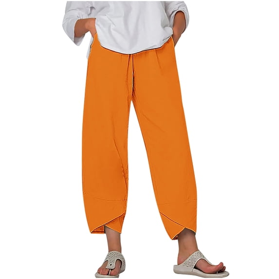 Womens Linen Crop Pants with Pockets Elastic Waisted Casual Summer Beach Lounge Plus Size Pants Cross Hem Trousers (M, Orange 01)