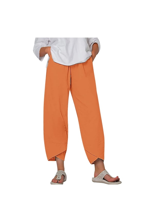 Womens Linen Crop Pants with Pockets Elastic Waisted Casual Summer Beach Lounge Plus Size Pants Cross Hem Trousers (M, Orange)