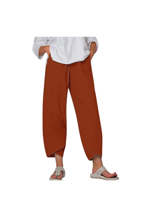 Womens Linen Crop Pants with Pockets Elastic Waisted Casual Summer Beach Lounge Plus Size Pants Cross Hem Trousers (S, Red)