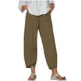 thumbnail image 1 of Womens Linen Crop Pants with Pockets Elastic Waisted Casual Summer Beach Lounge Plus Size Pants Cross Hem Trousers (XL, Coffee 01), 1 of 5