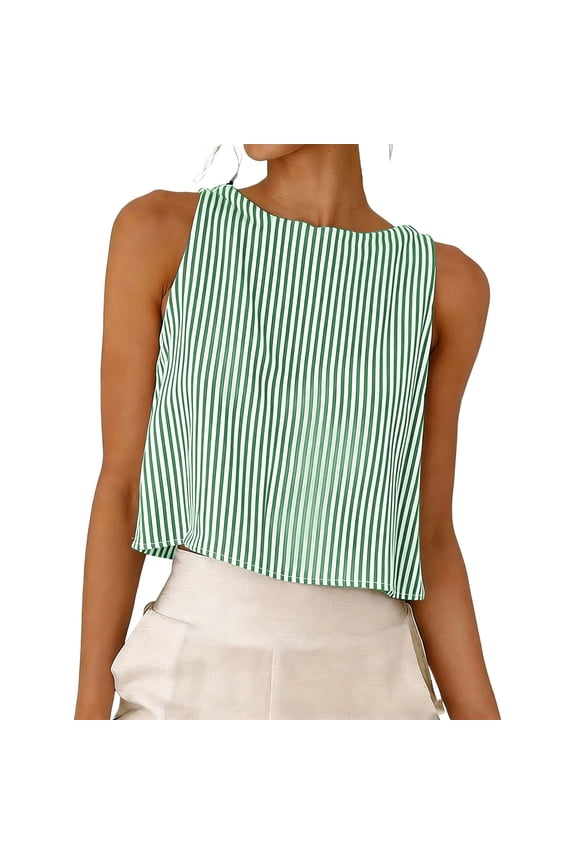 Womens Linen Crop Tank Top Pinstripe Crew Neck Tank Tops Reversible Sleeveless Cute Summer Tops Beach Vacation