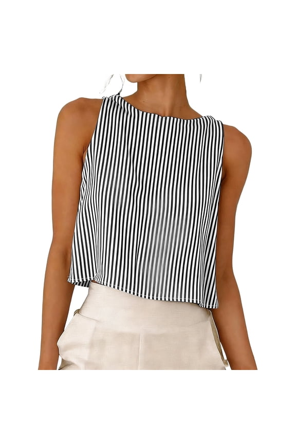 Womens Linen Crop Tank Top Pinstripe Crew Neck Tank Tops Reversible Sleeveless Cute Summer Tops Beach Vacation