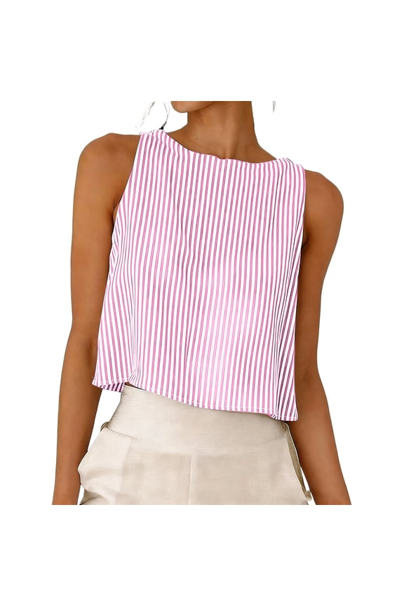 Womens Linen Crop Tank Top Pinstripe Crew Neck Tank Tops Reversible Sleeveless Cute Summer Tops Beach Vacation