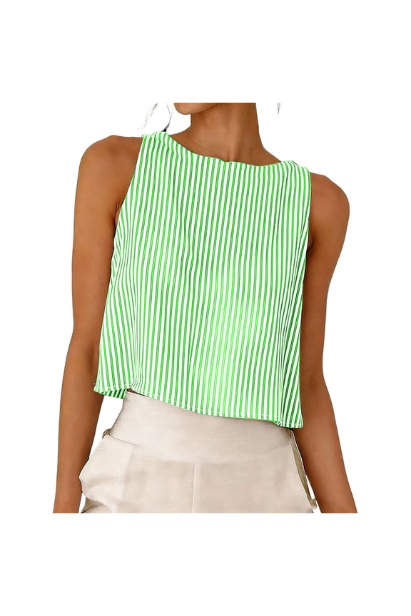 Womens Linen Crop Tank Top Pinstripe Crew Neck Tank Tops Reversible Sleeveless Cute Summer Tops Beach Vacation