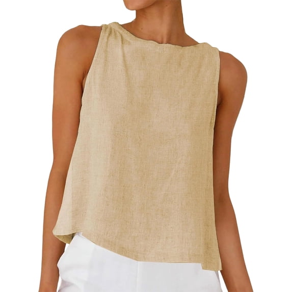 Womens Linen Crop Tank Tops 2026 Spring Summer Beach Sleeveless Tops,Khaki,L