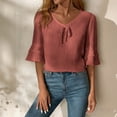 thumbnail image 1 of Womens Linen Crop Top Half Sleeve V Neck Loose Shirts Casual Solid Color Summer Comfy Breathable Everyday Flowy Tee Blouse, 1 of 8