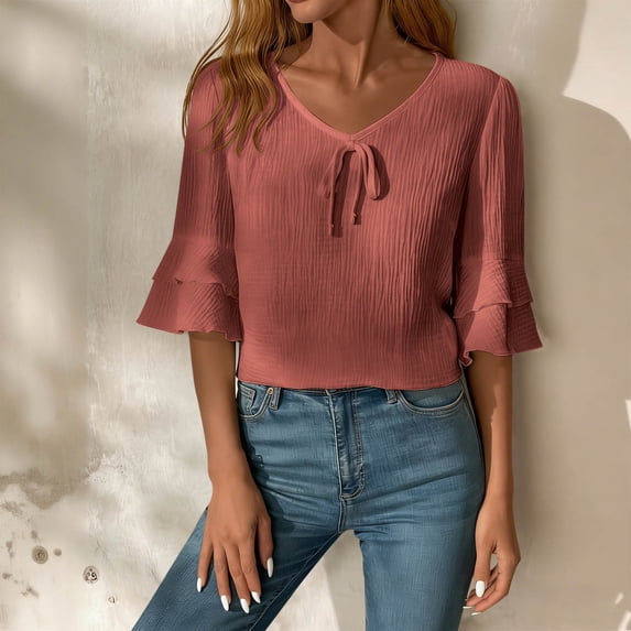 Womens Linen Crop Top Half Sleeve V Neck Loose Shirts Casual Solid Color Summer Comfy Breathable Everyday Flowy Tee Blouse