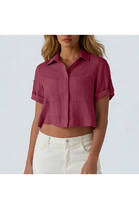 Womens Linen Crop Tops Summer Trendy Cotton Gauze Shirts Button Down Rolled Short Sleeve Collared Casual Blouses