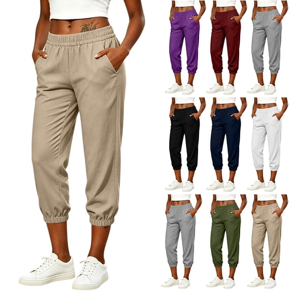 Womens Linen Cropped Jogger Pants Elastic Drawstring Waist Casual Summer Trousers with Pockets Lightweight Lounge Pants, L