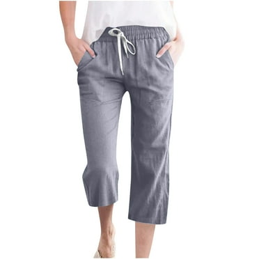 Womens Linen Cropped Pants High Waisted Loose Capri Pants with Pockets Elastic Waist Drawstring Pants Casual Straight Cropped Trousers