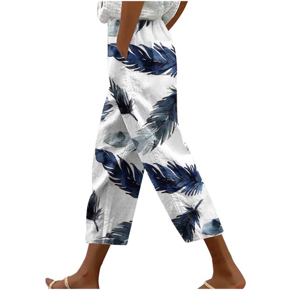 Womens Linen Cropped Pants, Loose Casual Wide Leg Capris Plus Size Elastic Waist Drawstring Capris Trouses with Pockets Ladies Capris Pants Linen Multicolor 3XL