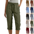 thumbnail image 1 of Womens Linen Cropped Pants Slim Leg Drawstring Elastic Waist Capri with Pockets Summer Casual Beach Pants,Sizes S-3XL, 1 of 7