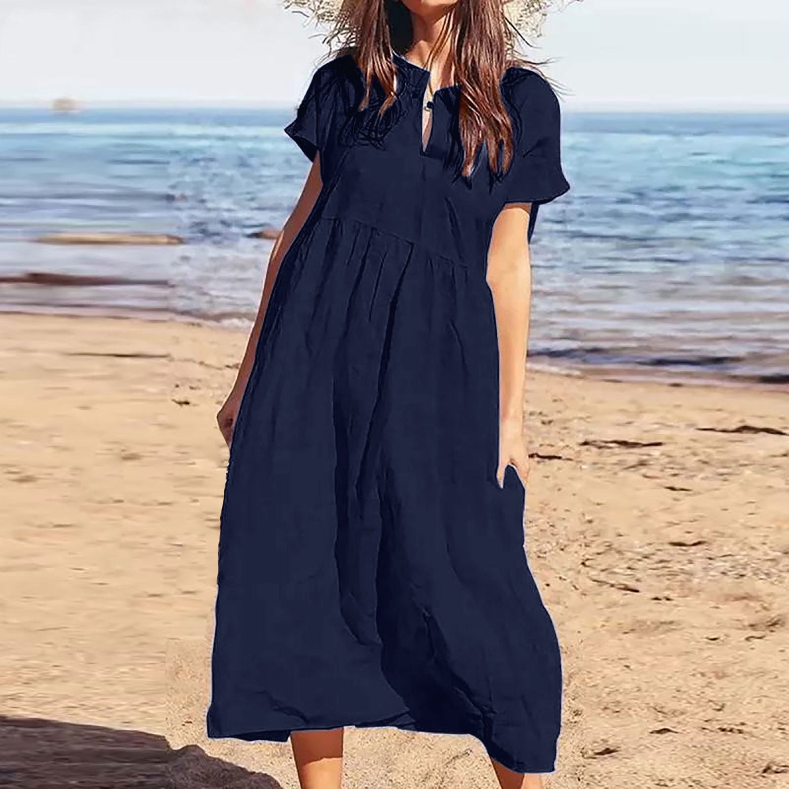 navy blue dress for baby girl Womens Linen Dress Elastic High Waist Boho Maxi Dress Short Sleeve Dress  Flowy Long Skirts Ankle Length Dress Casual Swing Long Beach Dress