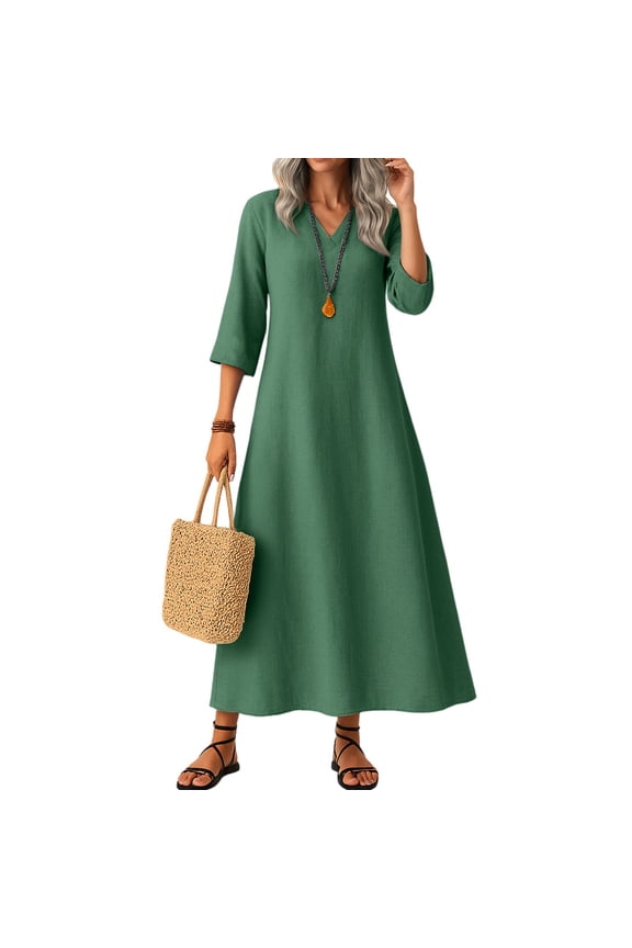 Womens Linen Dress Fall Long Sleeve Loose Fit Shift Dresses Lightweight Basic Vneck Long Flowy Modest Dress Dark Green 2XL