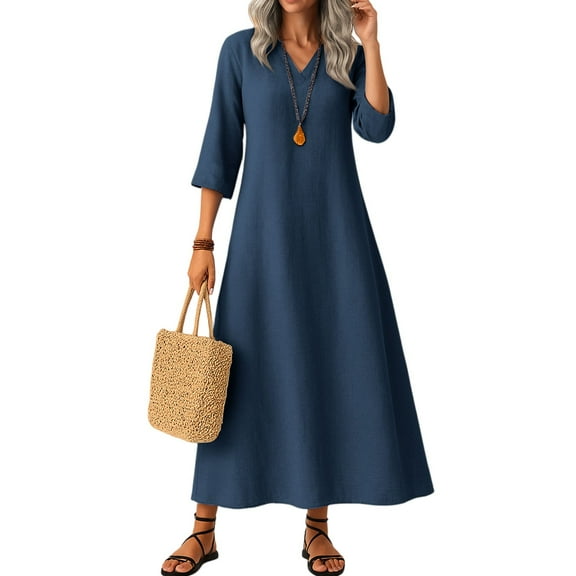 Womens Linen Dress Fall Long Sleeve Loose Fit Shift Dresses Lightweight Basic Vneck Long Flowy Modest Dress Navy 2XL