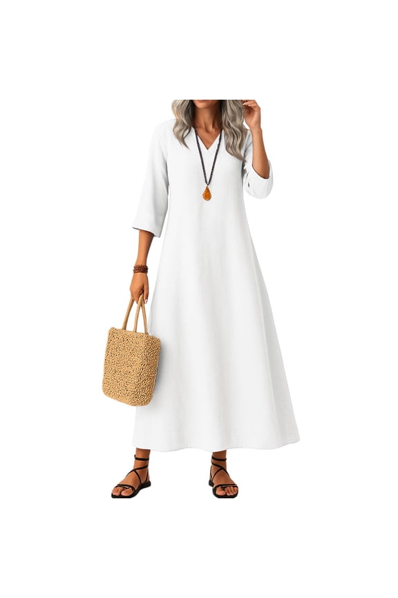 Womens Linen Dress Fall Long Sleeve Loose Fit Shift Dresses Lightweight Basic Vneck Long Flowy Modest Dress White XL