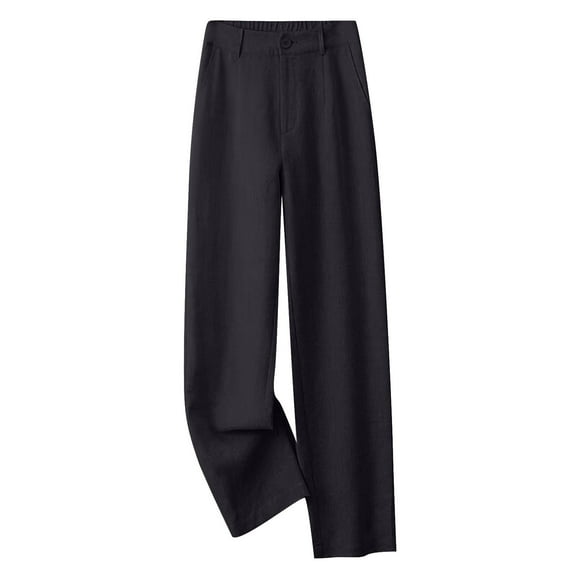 Womens Linen Dress Pants Casual Summer Button Elastic High Waisted Straight Trousers Work Business Pants