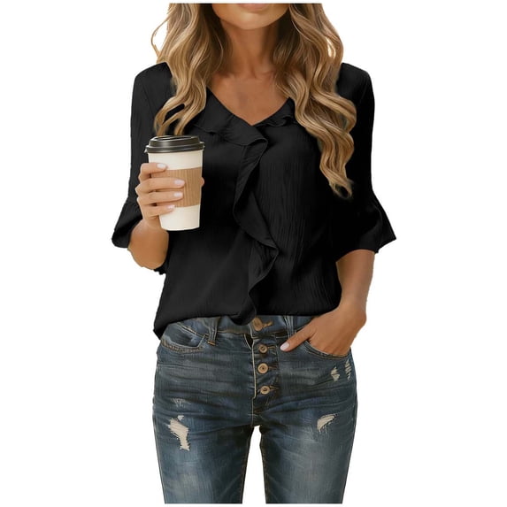 Womens Linen Dressy Blouses, 3/4 Sleeve Shirts for Women Spring Fashion Loose Fit Ruffle Solid Color V Neck T-Shirts