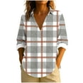 thumbnail image 1 of Womens Linen Dressy Blouses, Long Sleeve Shirts for Women Fall Lightweight Casual Plaid Printed Lapel V Neck T Shirts with Buttons S-3XL, 1 of 5