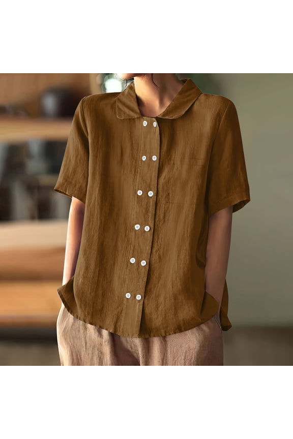 Womens Linen Dressy Casual Tops Double Breasted Button Up Collared Shirt Short Sleeve Loose Summer Blouses (XL, Brown)