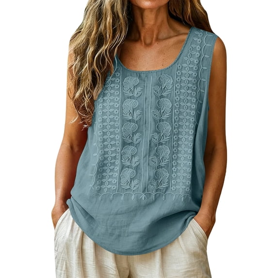 Womens Linen Embroidered Tank Tops 2026 Trendy Summer Casual Loose Fit Crewneck Sleeveless Shirts Fashion Ladies Blouses, S