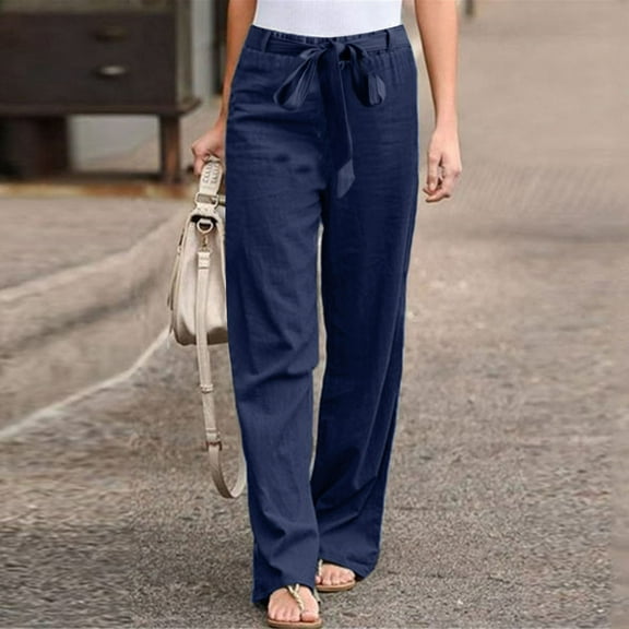 Womens Linen Fashion Long Pant Elastic Waist High Waist Casual Trousers Teacher Work Clothes Women Pants Casual Set Dress Pants Women Business Casual Women Casual Pants for Work Out Summer Pants