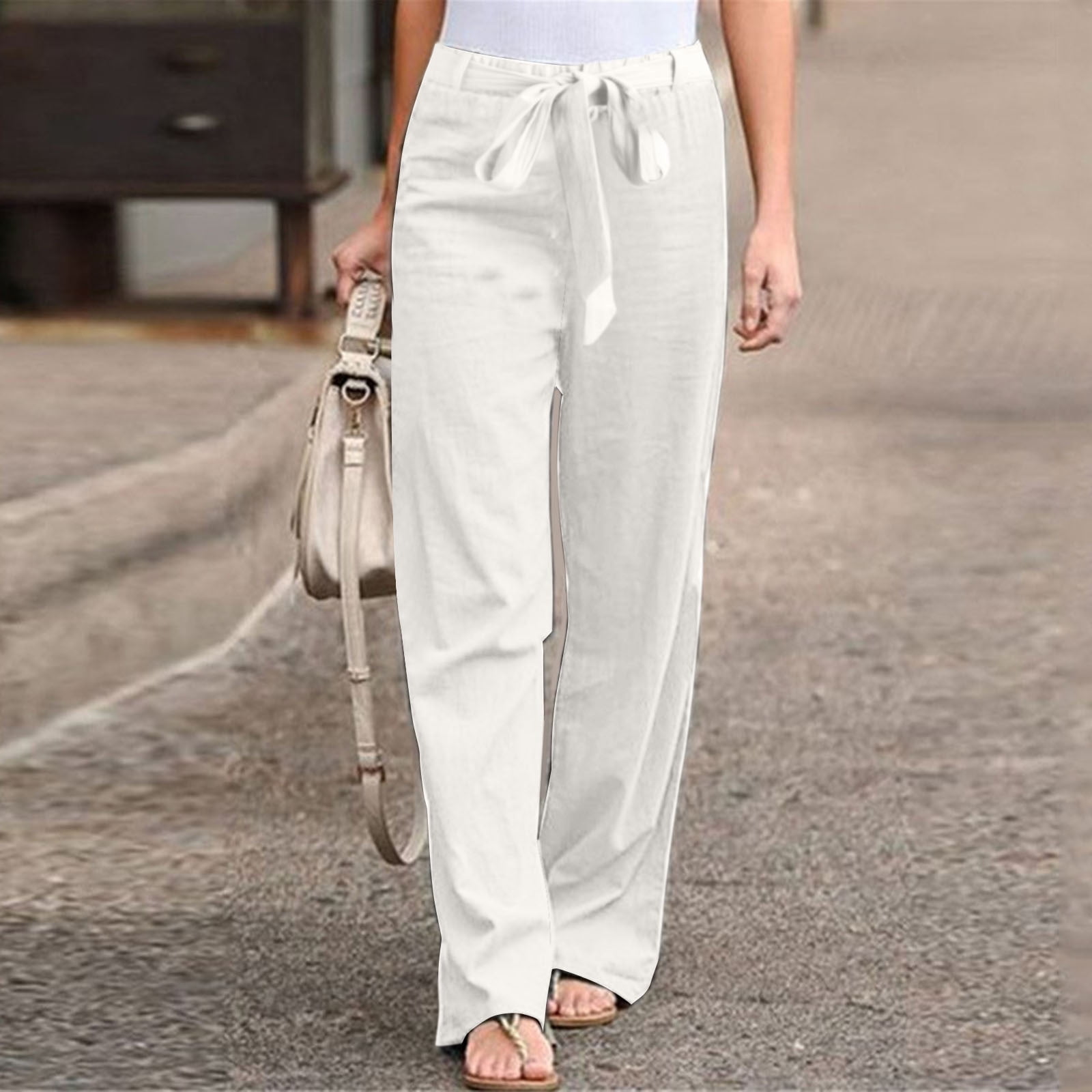 Womens Linen Fashion Long Pant Elastic Waist High Waist Casual