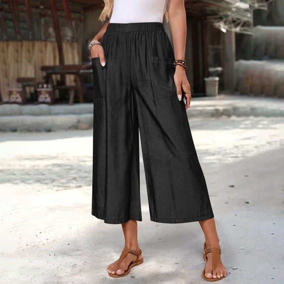 Womens Linen Flowy Capris Wide Leg Culottes Elastic Waist Summer Casual Boho Cropped Pants Black XXL