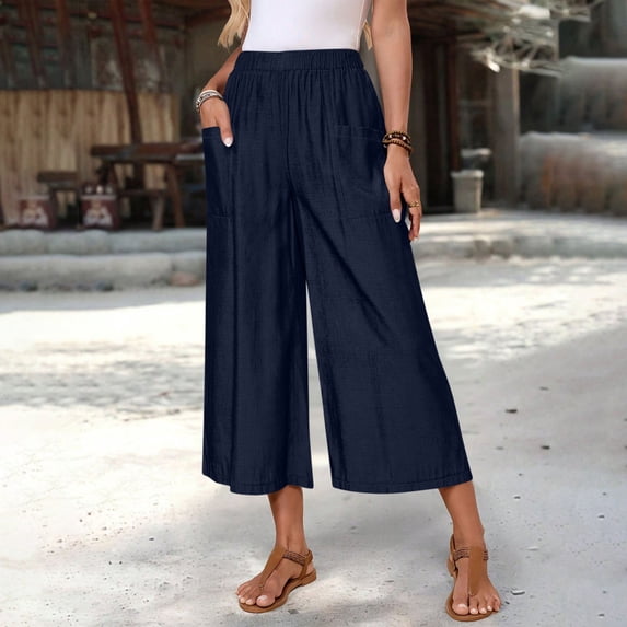 Womens Linen Flowy Capris Wide Leg Culottes Elastic Waist Summer Casual Boho Cropped Pants Navy XXL