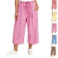 thumbnail image 1 of Womens Linen Gingham Barrel Capri Pants Elastic Waisted Palazzo Trousers Summer Beach Vacation Harem Pants with Pockets Brown S, 1 of 6