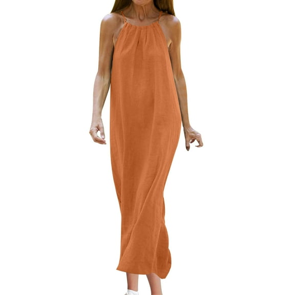 Womens Linen Halter Dress Sleeveless Long Dress Loose Fit Lace-up Keyhole Back Summer Casual Beach Sundress (M, Yellow)