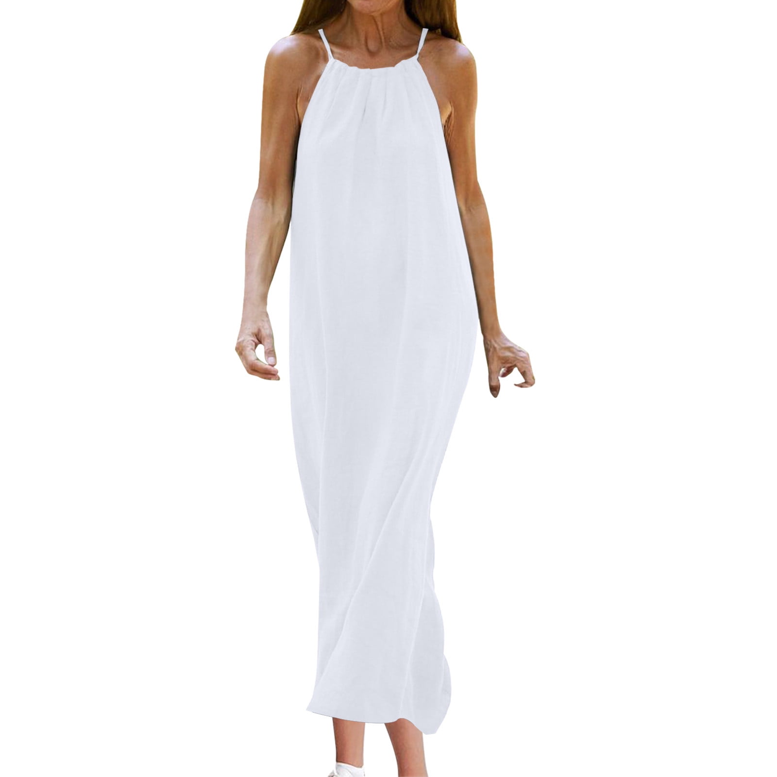 Womens Linen Halter Dress Sleeveless Long Dress Loose Fit Lace-up Keyhole Back Summer Casual Beach Sundress (S, White)