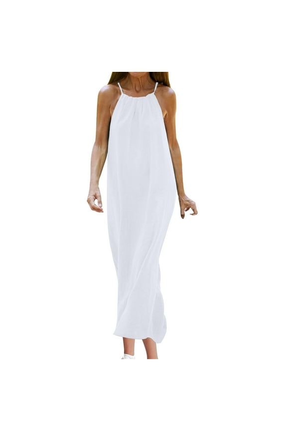 Womens Linen Halter Dress Sleeveless Long Dress Loose Fit Lace-up Keyhole Back Summer Casual Beach Sundress (S, White)