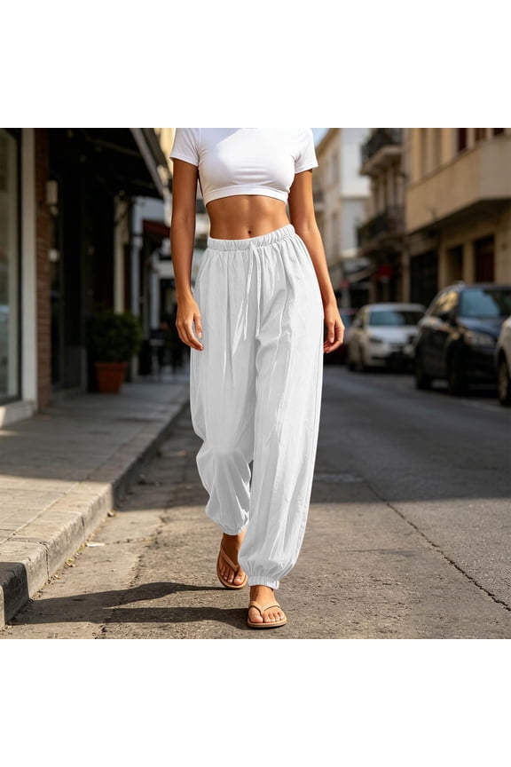 Womens Linen Harem Pants Loose High Waist Trousers Comfy Casual Pant Workout Beach 2026 White M
