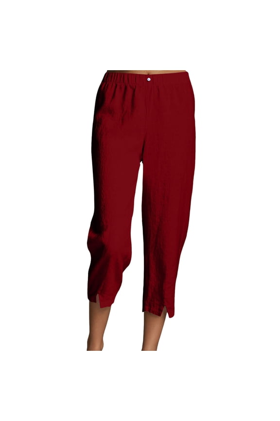 Womens Linen Harem Pants Summer Elastic High Waist Split Hem Work Tapered Pants Casual Cropped Trousers
