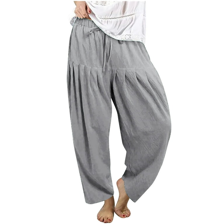 Womens Linen Harem Pants Wide Leg Ruffle Tiered Loose Elastic Waist  Drawstring Casual Lounge Beach Trouser S-5XL (Medium, Gray) 