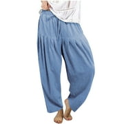 AKOEE Womens Linen Harem Pants Wide Leg Ruffle Tiered Loose Elastic Waist Drawstring Casual Lounge Beach Trouser S-5XL (Small, Sky Blue)