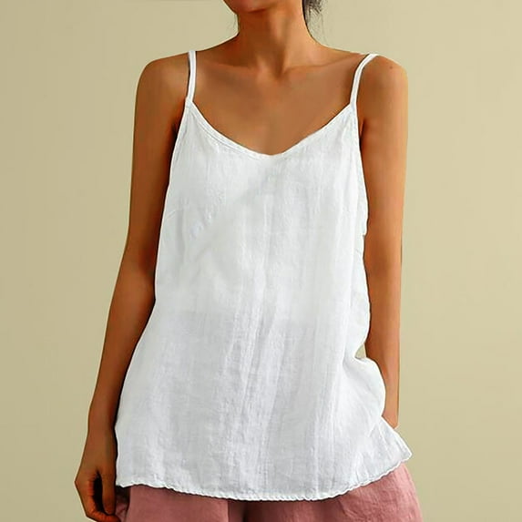 Womens Linen Henley Tunic Tank Tops Plain Camisole Cotton Linen T-Shirts Sleeveless Crew Neck Loose Flowy Casual Blouses