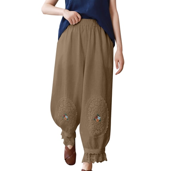 Womens Linen High Waisted Balloon Pants Elastic Waist Lace Trim Palazzo Trousers with Pockets Loose Casual Travel Work Pants Brown