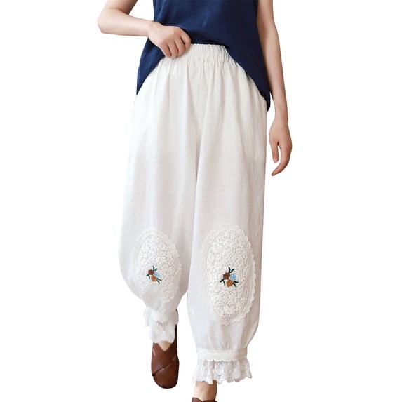 Womens Linen High Waisted Balloon Pants Elastic Waist Lace Trim Palazzo Trousers with Pockets Loose Casual Travel Work Pants White