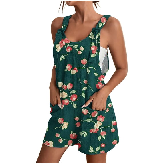 Womens Linen Jumpsuits Shorts Pocketed Floral Print Knotted Strap Summer Plus Size One Piece Short Rompers S-3X (S, Green)