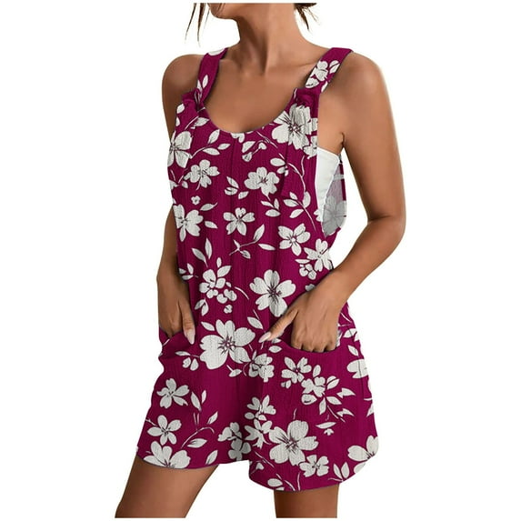 Womens Linen Jumpsuits Shorts with Pockets Floral Print Knotted Strap Summer Plus Size One Piece Short Rompers S-3X (2XL, Wine)