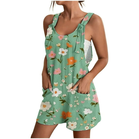 Womens Linen Jumpsuits Shorts with Pockets Floral Print Knotted Strap Summer Plus Size One Piece Short Rompers S-3X (3XL, Green 03)