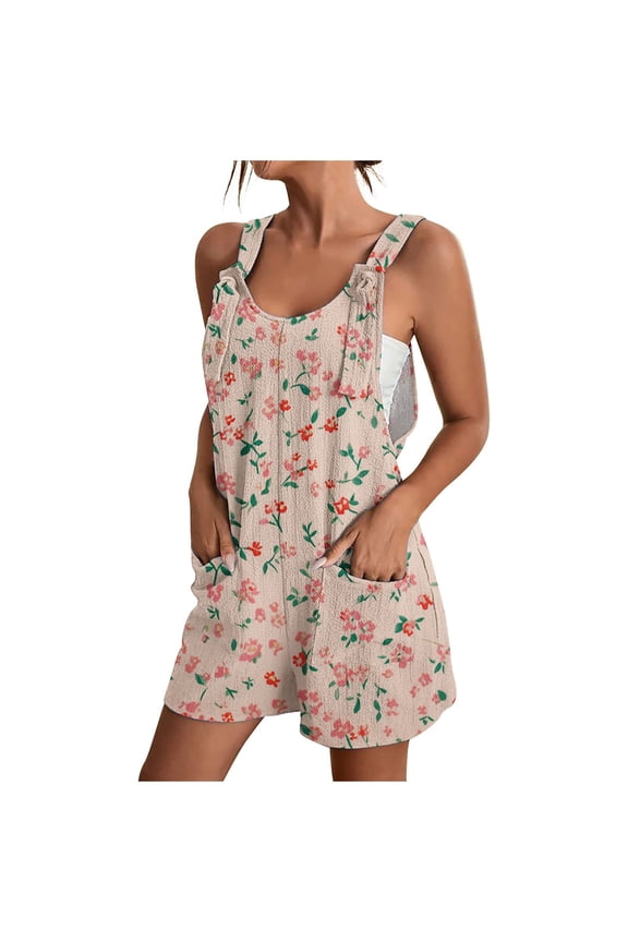 Womens Linen Jumpsuits Shorts with Pockets Floral Print Knotted Strap Summer Plus Size One Piece Short Rompers S-3X (3XL, Pink 01)