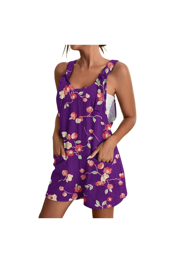 Womens Linen Jumpsuits Shorts with Pockets Floral Print Knotted Strap Summer Plus Size One Piece Short Rompers S-3X (3XL, Purple)