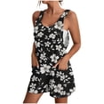thumbnail image 1 of Womens Linen Jumpsuits Shorts with Pockets Floral Print Knotted Strap Summer Plus Size One Piece Short Rompers S-3X (S, Black), 1 of 5