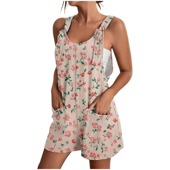 Womens Linen Jumpsuits Shorts with Pockets Floral Print Knotted Strap Summer Plus Size One Piece Short Rompers S-3X (XL, Pink 01)
