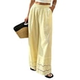 thumbnail image 1 of Womens Linen Lace Trim Pants Summer Boho Elastic Waist Wide Leg Palazzo Pants Flowy Pull on Vacation Beach Pants, 2XL, 1 of 5