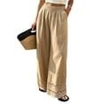 thumbnail image 1 of Womens Linen Lace Trim Pants Summer Boho Elastic Waist Wide Leg Palazzo Pants Flowy Pull on Vacation Beach Pants, 2XL, 1 of 5
